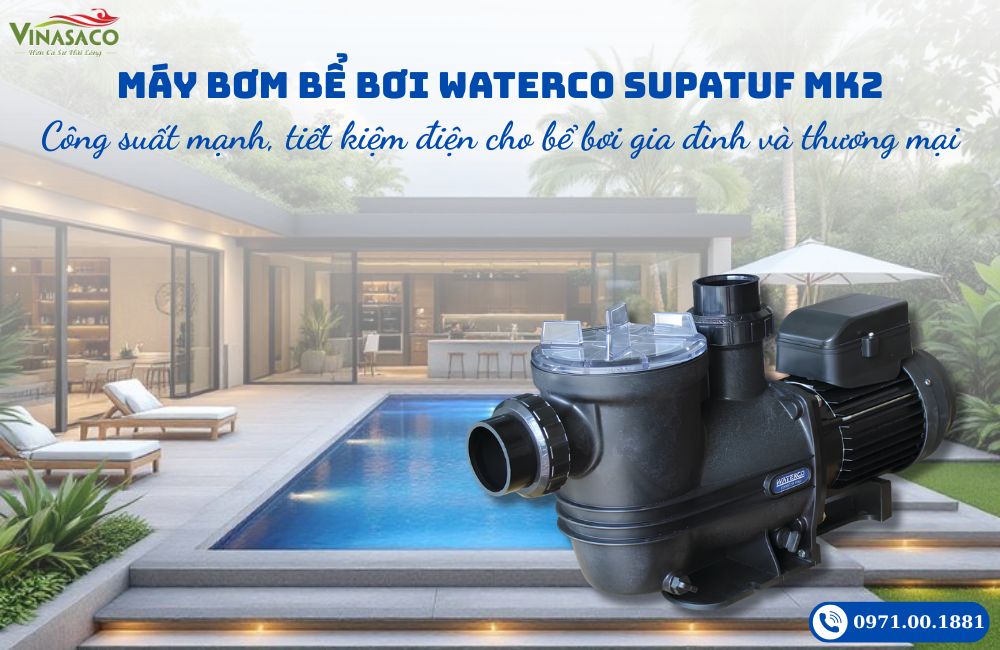 Máy bơm bể bơi Waterco Supatuf MK2 lắp đặt thực tế bên hồ bơi hiện đại
