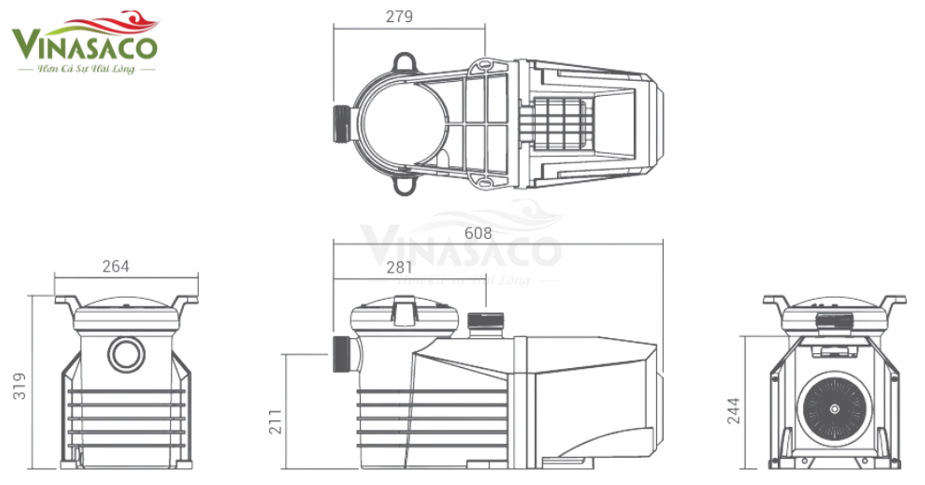 kích thước máy bơm bể bơi Emaux E-Turbo Variable Speed