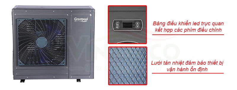 Thiết kế gọn gàng và cấu tạo từ chất liệu thép không gỉ của Greatpool heapump