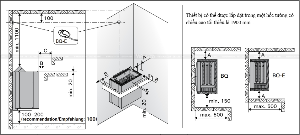 Khoảng cách lắp đặt máy xông khô Harvia Qubic
