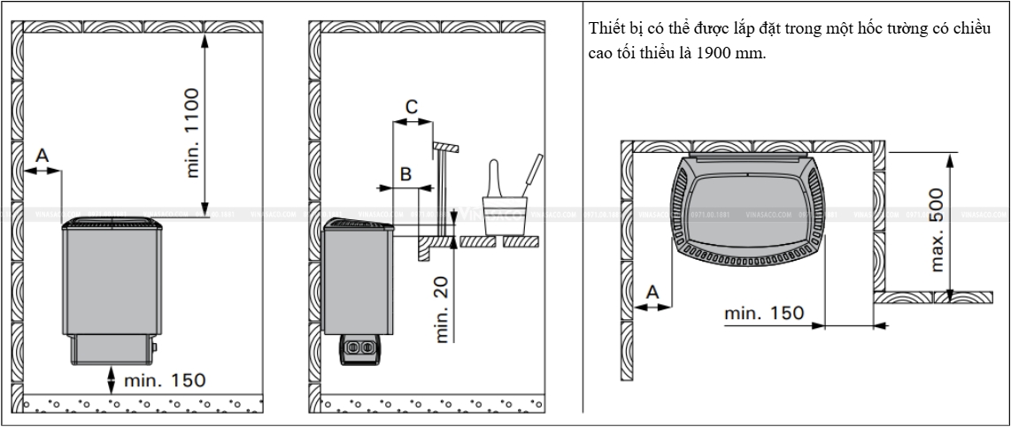 Khoảng cách lắp đặt máy xông khô Harvia Steel Top