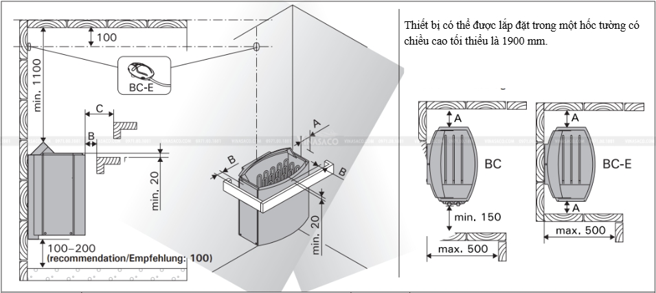Khoảng cách lắp đặt máy xông khô Harvia Vega