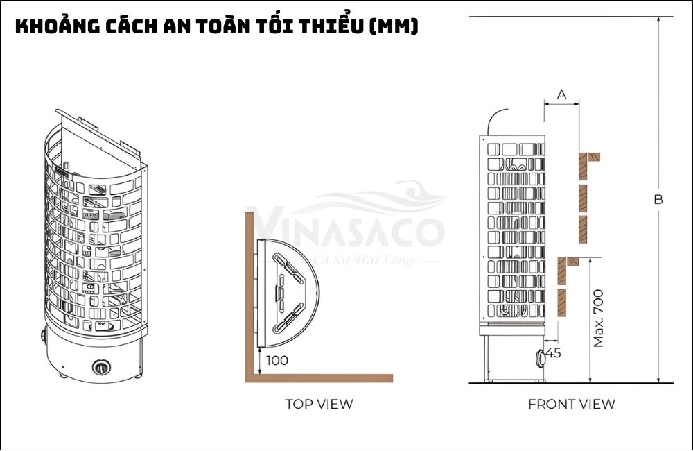 Khoảng cách lắp đặt máy xông hơi khô Sawo Aries Wall