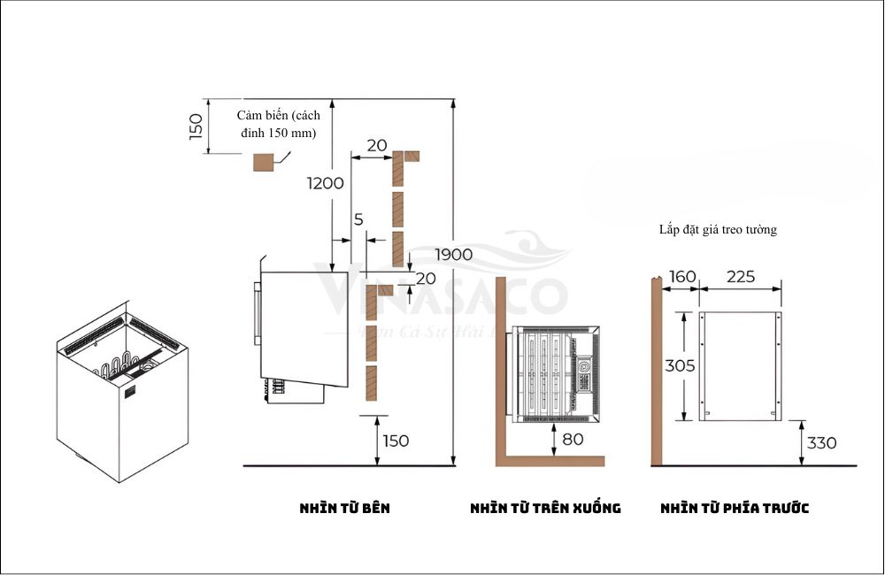 Khoảng cách lắp đặt máy xông hơi khô Sawo Nordex Combi