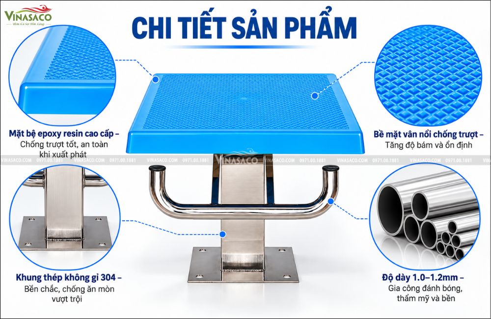 chi tiết cấu tạo bục xuất phát hồ bơi inox 304