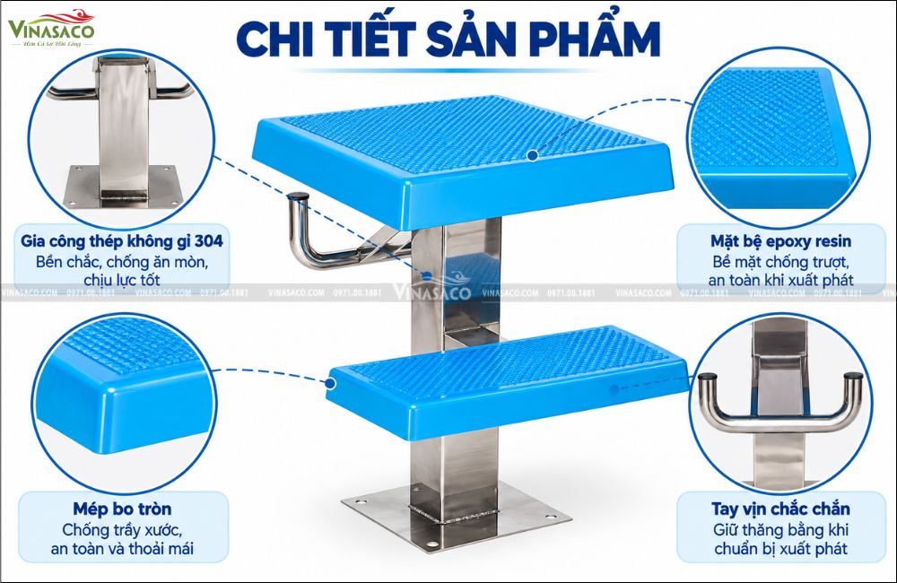cấu tạo bục xuất phát hồ bơi 2 bậc inox 304