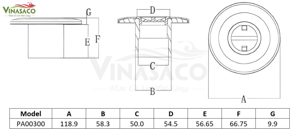 Thông số kỹ thuật đầu hút vệ sinh bể bơi D60 trơn
