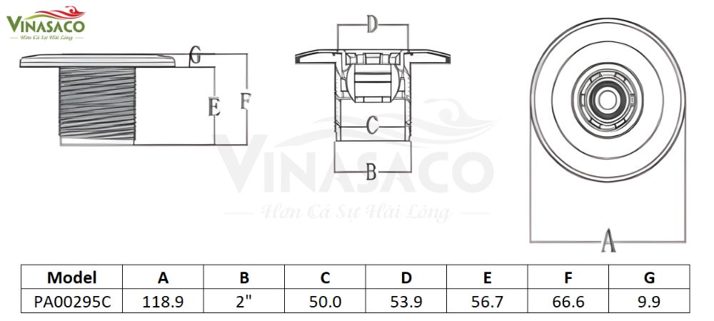 Thông số kỹ thuật đầu trả nước bể bơi D60 có ren