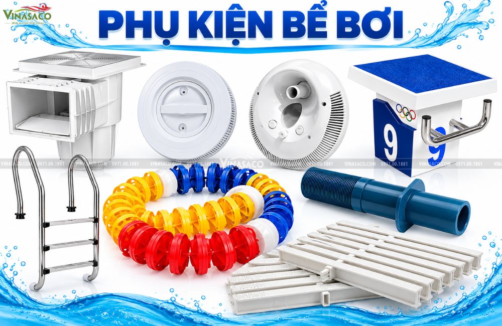 phụ kiện bể bơi gồm thiết bị thu trả nước thang và phụ kiện thi đấu