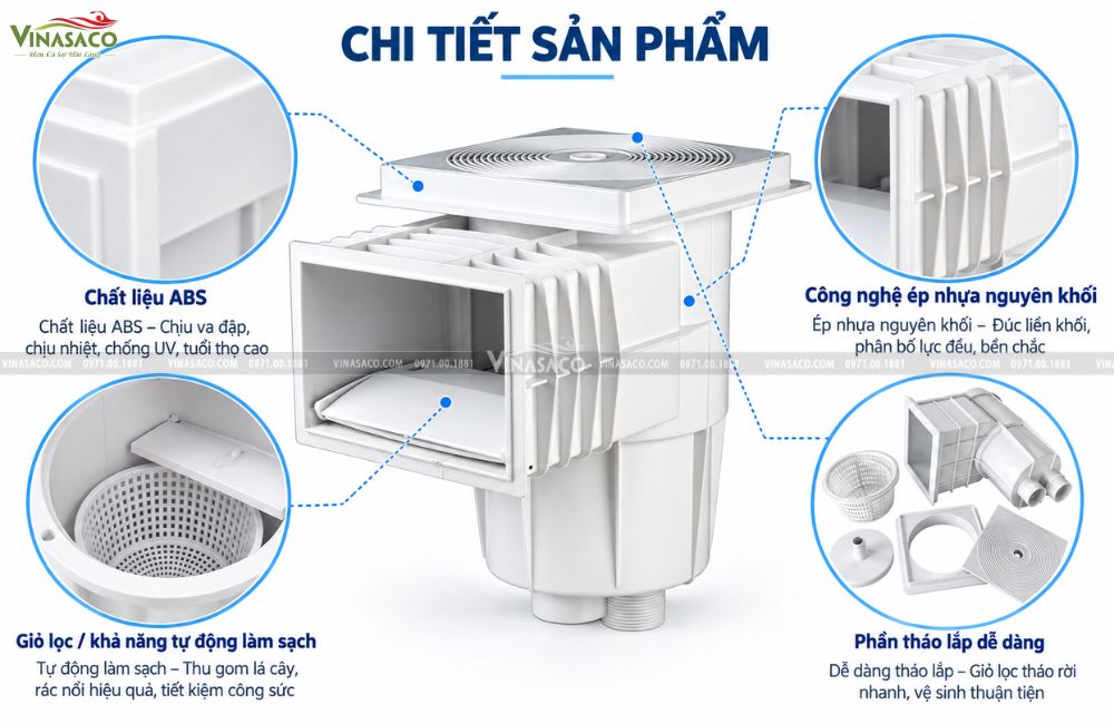 chi tiết skimmer bể bơi PA00249C ABS giỏ lọc