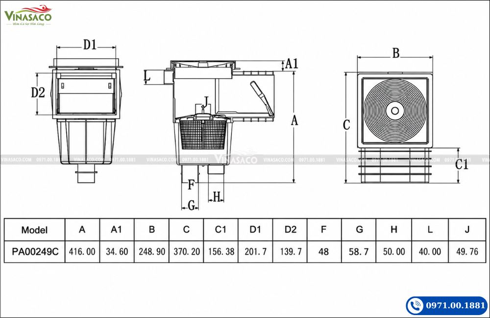 kích thước skimmer bể bơi PA00249C bản vẽ kỹ thuật
