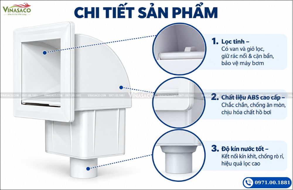 cấu tạo skimmer bể sục giỏ lọc van hút
