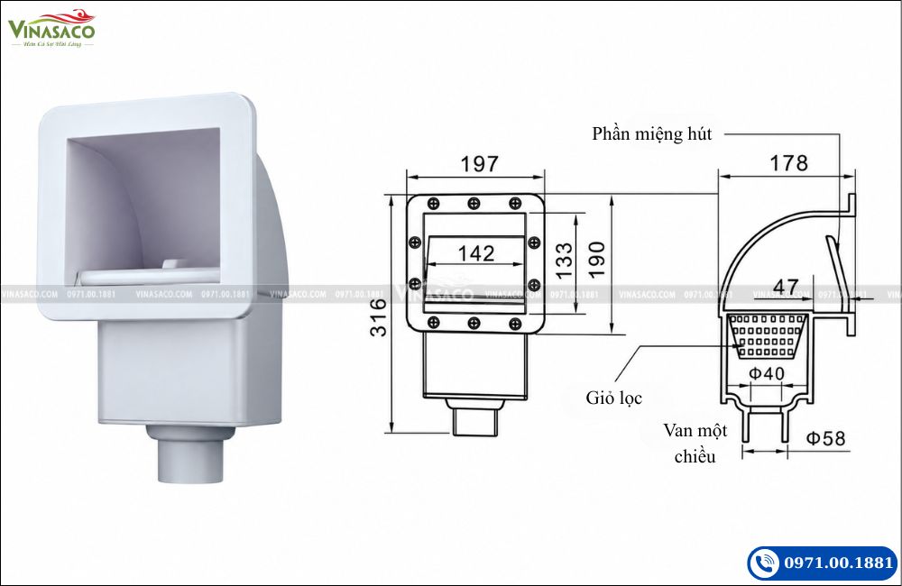 kích thước skimmer bể sục jacuzzi bản vẽ kỹ thuật