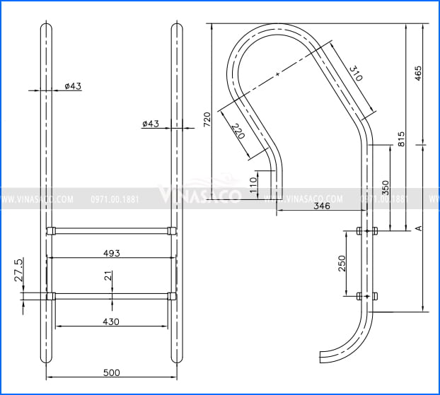 Bản vẽ cấu tạo thang bể bơi Kripsol MXI