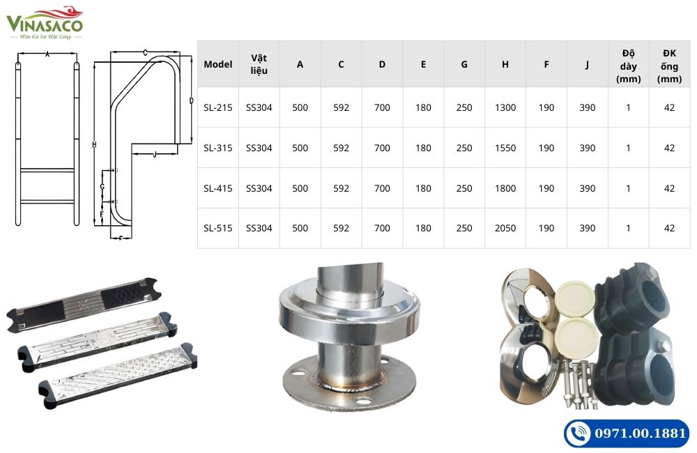 Bảng thông sỗ kỹ thuật thang bể bơi SL Series
