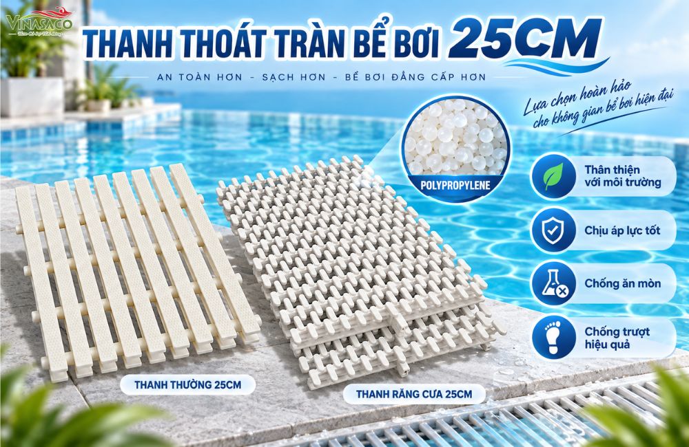 thanh thoát tràn bể bơi 25cm nan thẳng và răng cưa