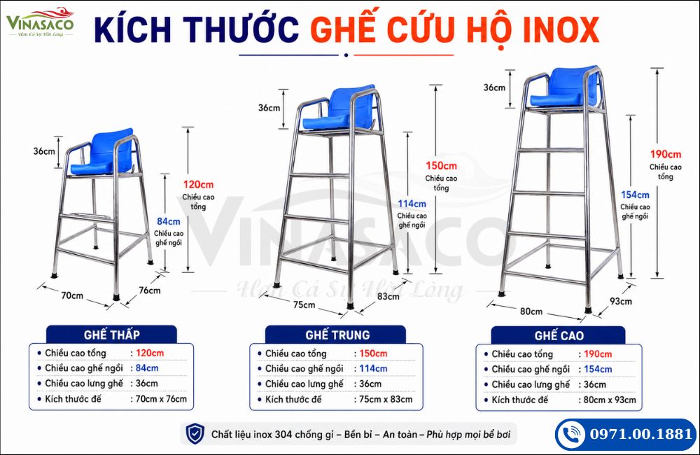 Kích thước ghế cứu hộ bể bơi 1.2m 1.5m 1.9m