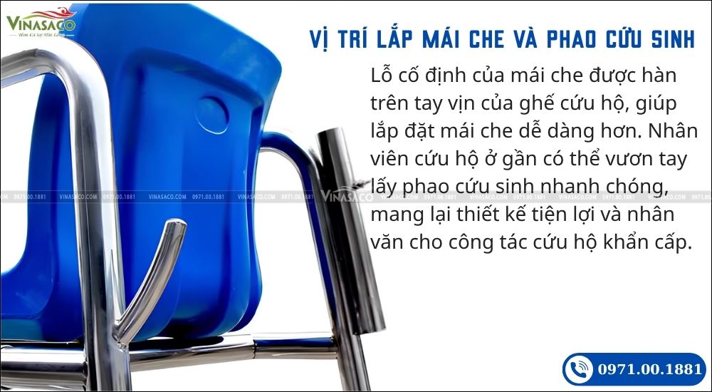 Vị trí lắp mái che và móc treo phao trên ghế cứu hộ