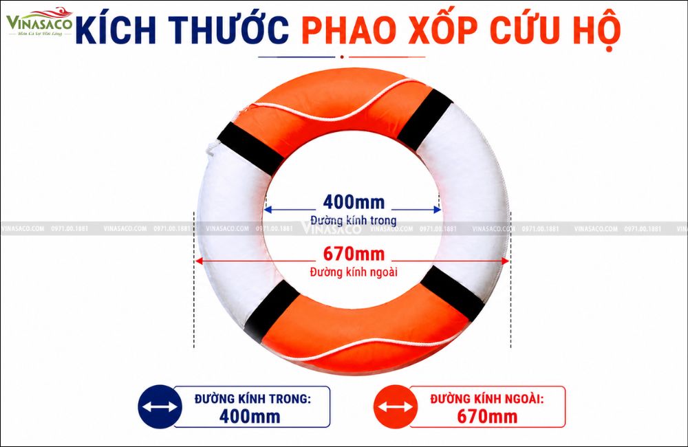 Kích thước phao xốp cứu hộ 670mm × 400mm