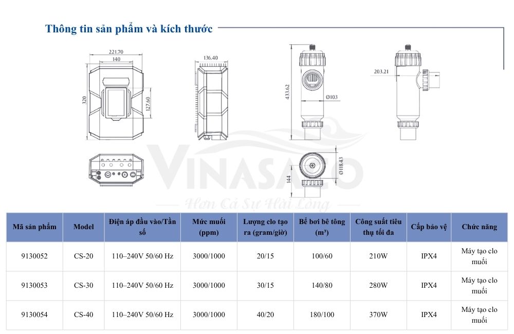 Thông số kỹ thuật bộ điện phân muối Emaux CyberSync