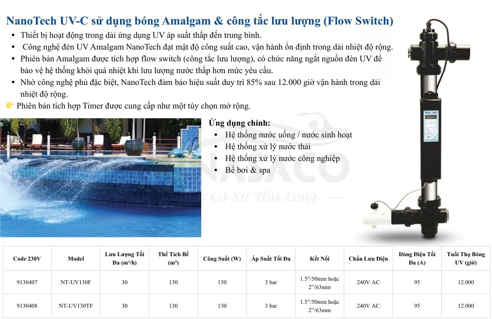 Thông số kỹ thuật đèn UV diệt khuẩn Emaux NanoTech Amalgam + Flow Switch