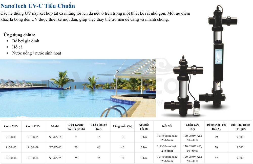 Thông số kỹ thuật đèn UV diệt khuẩn Emaux NanoTech UV-C tiêu chuẩn