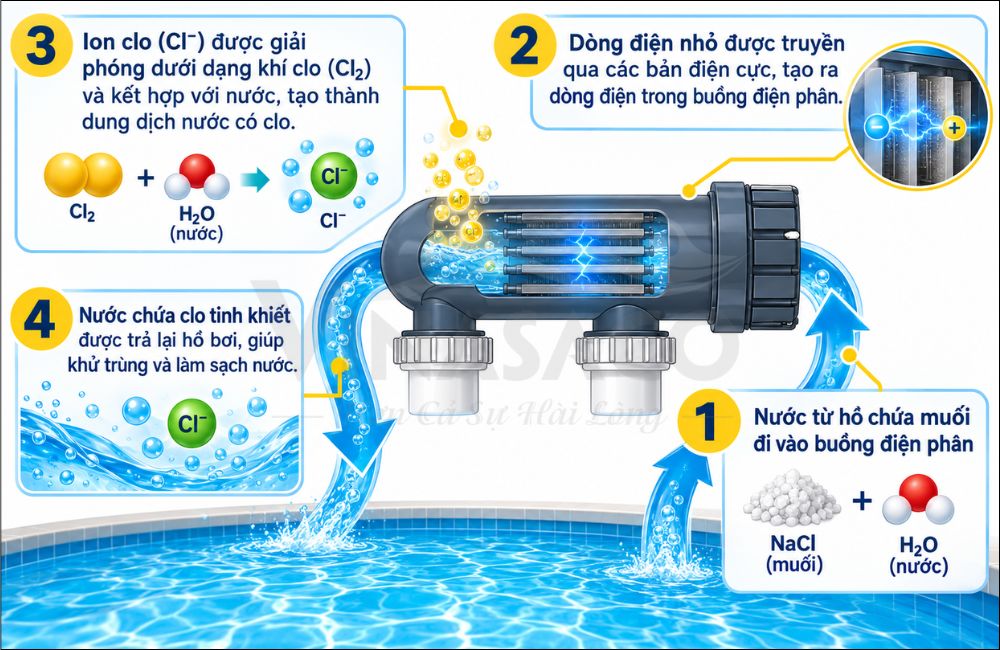 nguyên lý máy điện phân muối bể bơi tạo clo từ muối