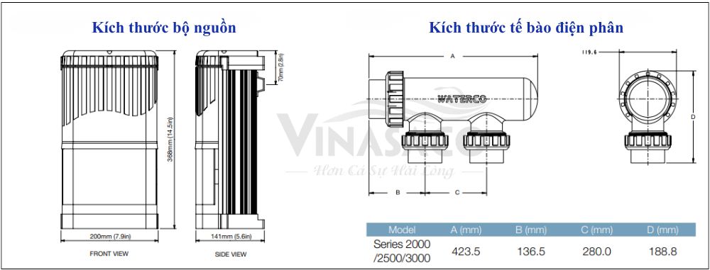 Kích thước điện phân muối Waterco Hydrochlor MK3