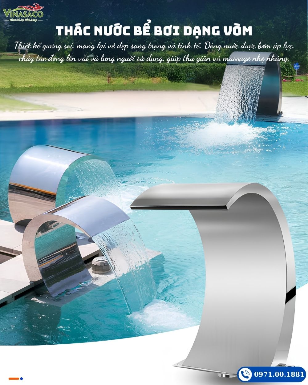 Thác Nước Bể Bơi Dạng Vòm HG03 lắp đặt cho hồ bơi hiện đại