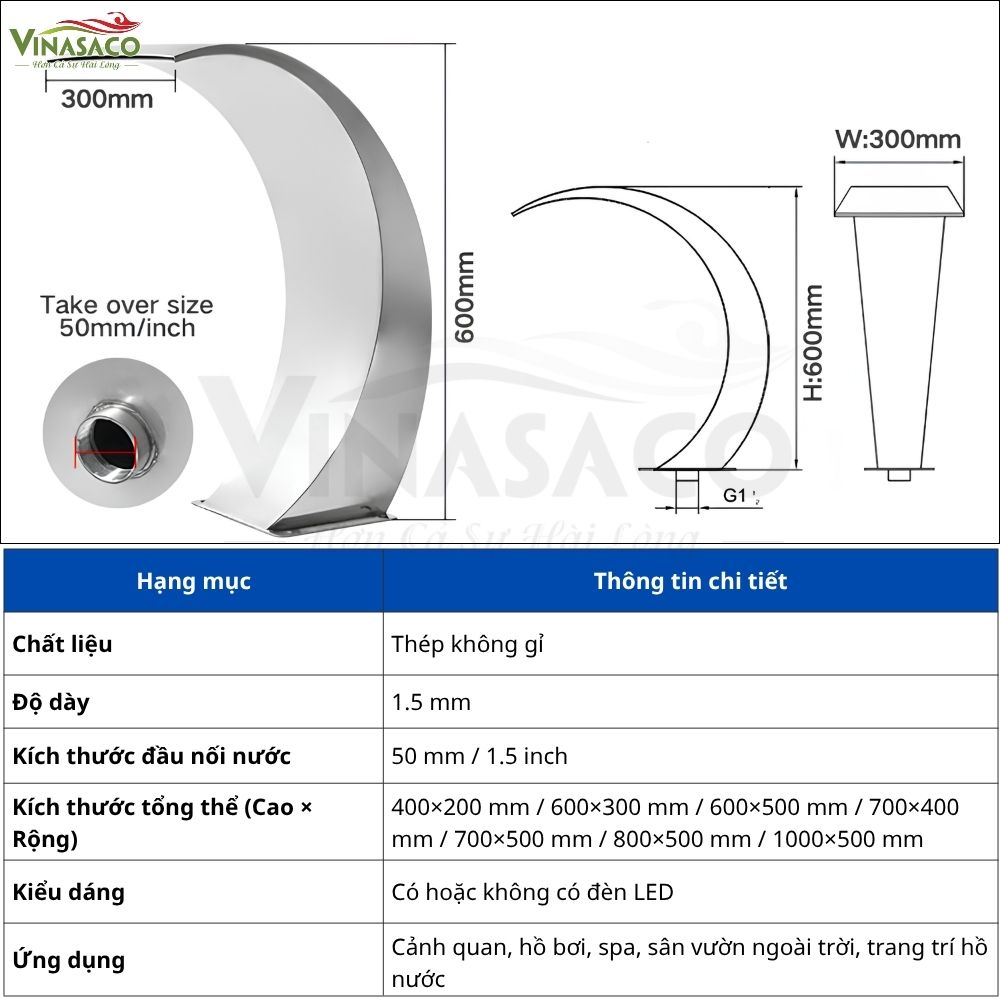 Thông số kỹ thuật Thác Nước Bể Bơi Dạng Vòm HG05