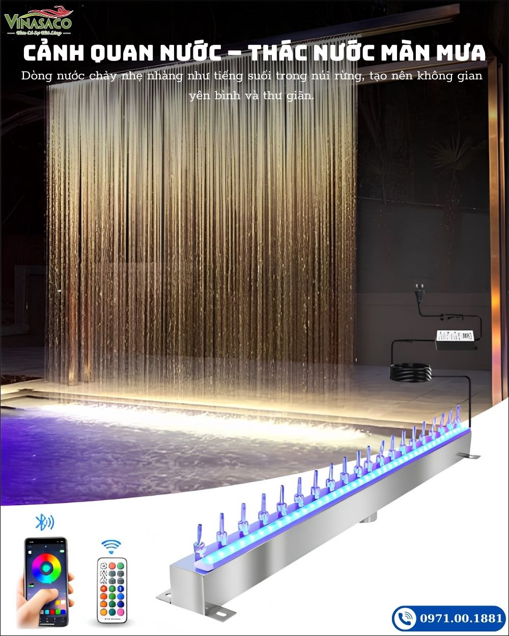 Thác Nước Mưa Bể Bơi F Series bằng inox tích hợp LED RGB