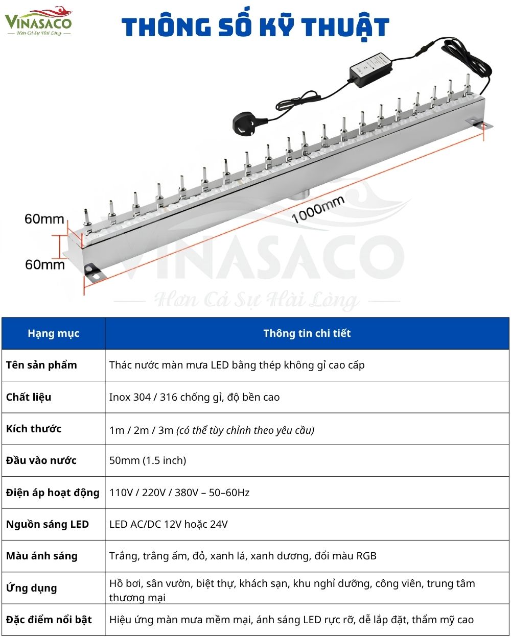 Thông số kỹ thuật Thác Nước Mưa Bể Bơi F Series JKD-SM-F