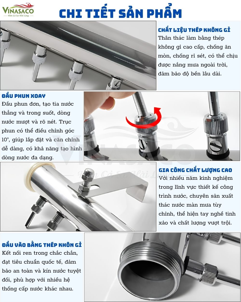 Chi tiết đầu phun inox điều chỉnh góc của thác nước mưa bể bơi Y