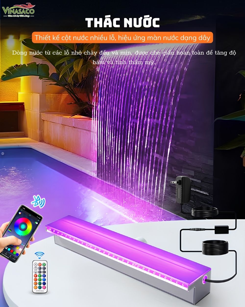 Thác Nước Xả Tràn Bể Bơi Dạng Tia LED RGB điều khiển từ xa
