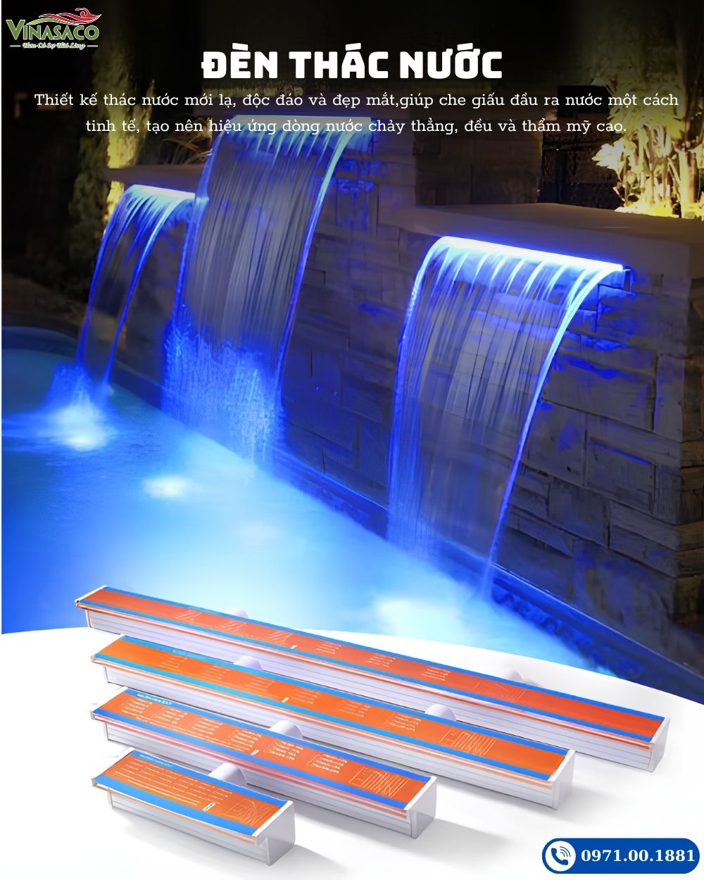 Thác nước xả tràn bể bơi tích hợp đèn LED RGB