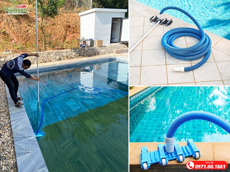 Kỹ thuật Vinasaco sử dụng ống mềm kết nối các thiết bị khác để hút vệ sinh bể bơi