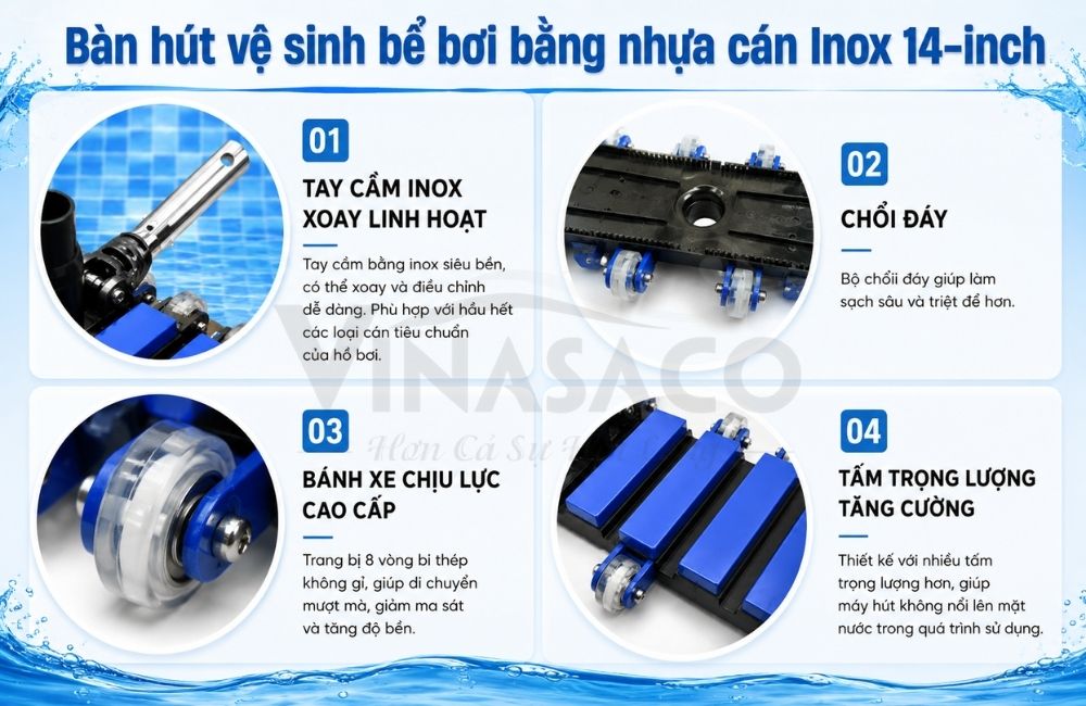 Cấu tạo bàn hút vệ sinh bể bơi 14 inch bánh xe chổi đáy
