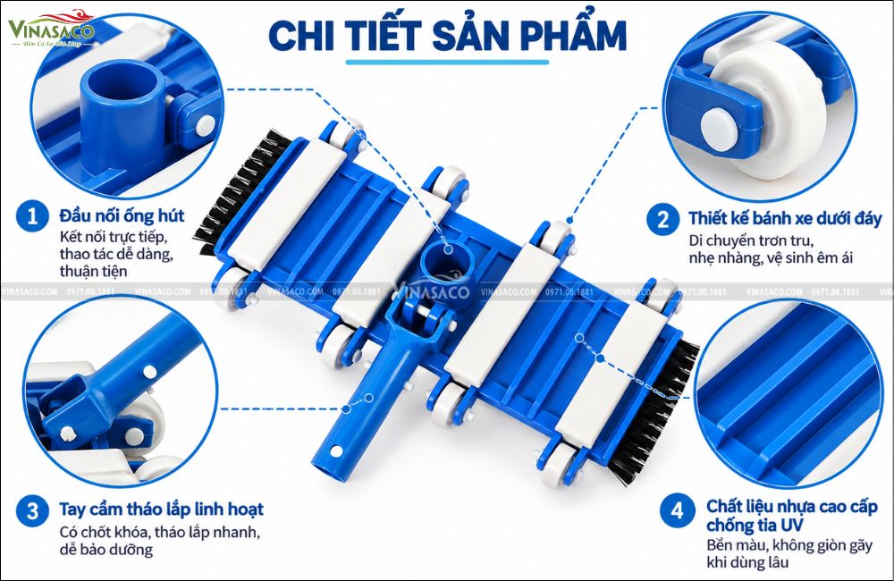 Chi tiết cấu tạo bàn hút vệ sinh bể bơi 8 bánh