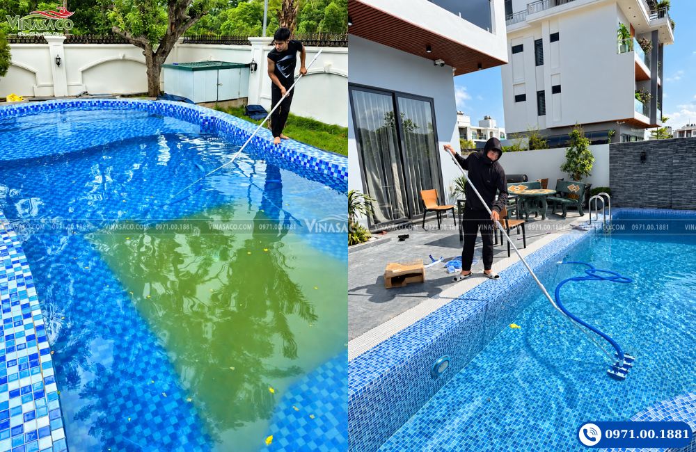 Sử dụng bàn hút vệ sinh bể bơi 8 bánh thực tế