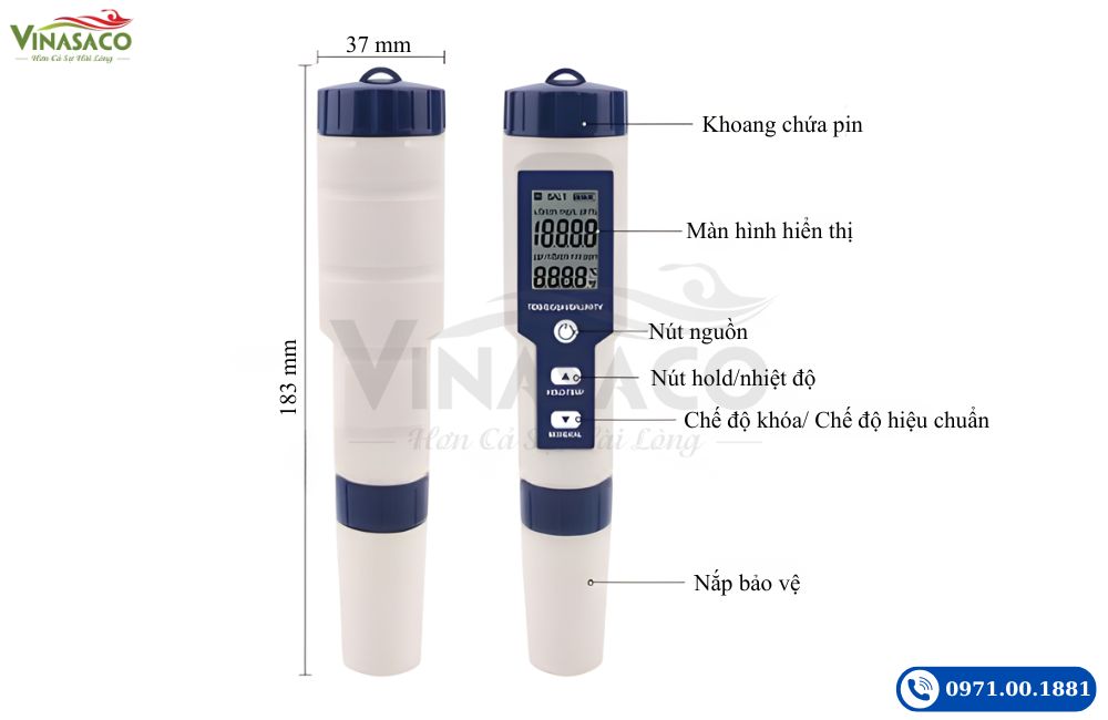 Cấu tạo bút đo chất lượng nước bể bơi 5 in 1