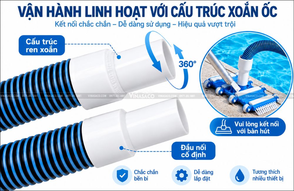 Đầu nối xoay ống mềm vệ sinh bể bơi 2 lớp