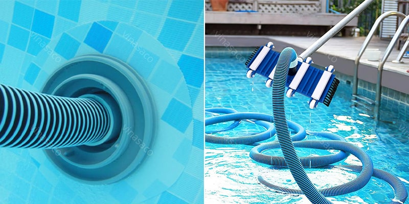 Ống mềm một đầu kết nối với khớp hút vệ sinh, đầu còn lại kết nối với thiết bị vệ sinh bể bơi