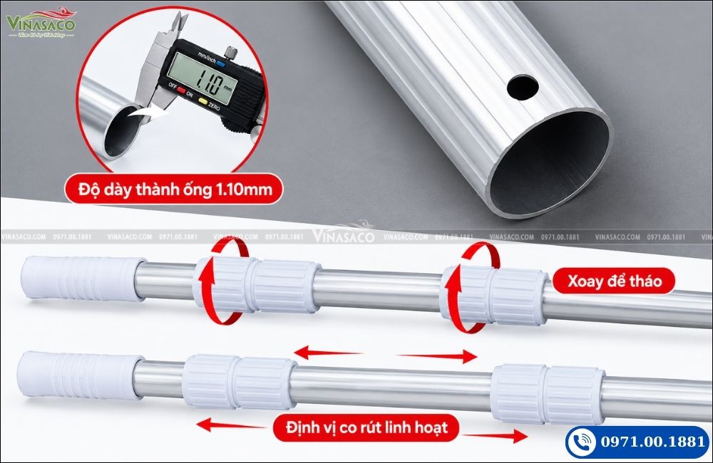 Sào nhôm bể bơi dày thiết kế co rút