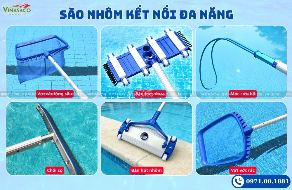 Sào nhôm bể bơi kết nối bàn hút chổi cọ vợt rác