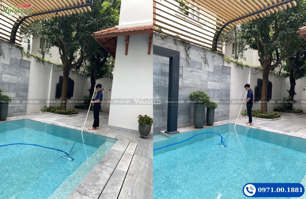 Sử dụng sào nhôm kết nối bàn hút vệ sinh đáy bể bơi