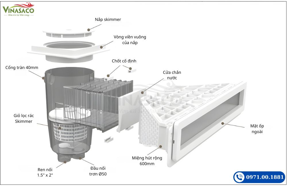 Cấu tạo Skimmer hút nước mặt bể bơi Emaux EM0180