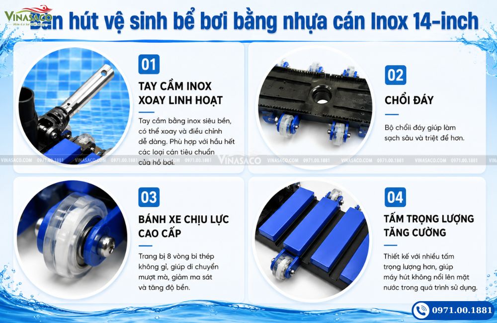 Chi tiết bàn hút vệ sinh đáy hồ bơi cán inox