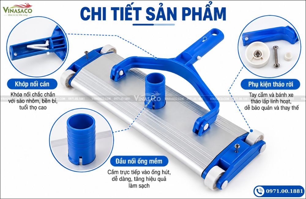 Chi tiết bàn hút vệ sinh đáy hồ bơi bằng nhôm