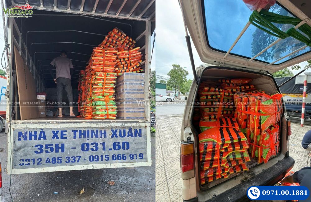 Xe tải chở áo phao cứu hộ số lượng lớn đến vùng lũ