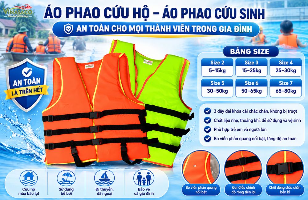 Áo phao cứu hộ nhiều size dành cho trẻ em và người lớn